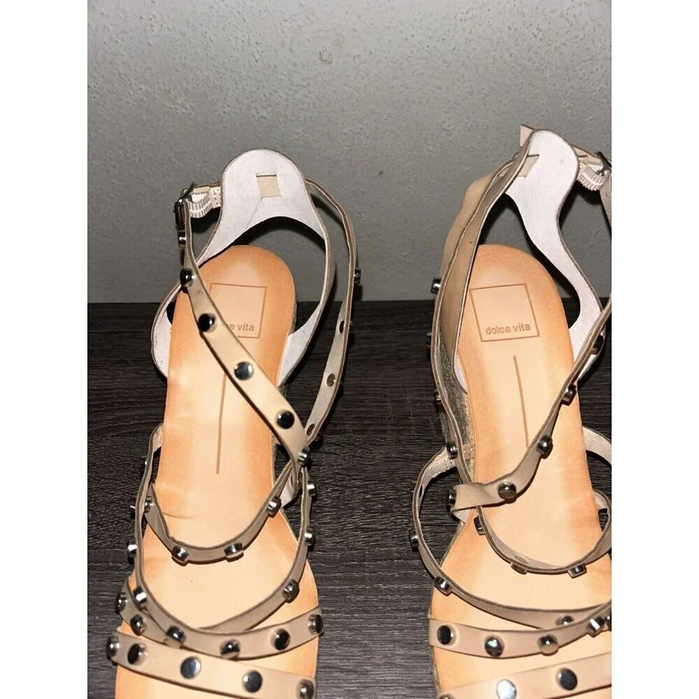 Dolce Vita Maxton Tan Espadrille Strappy Studded Square Wedge Sandals Size 9